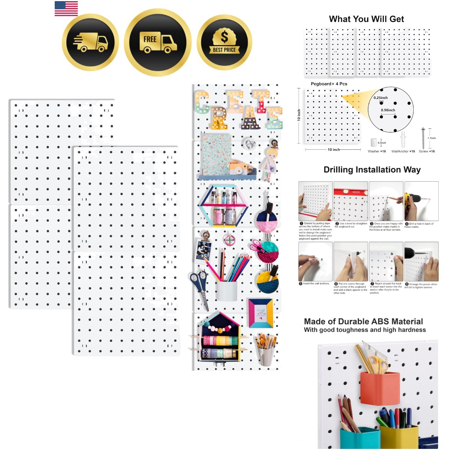 Pegboards, Pegboard Wall Organizer Panels, Peg Boards for Wall, Craft Room, K...