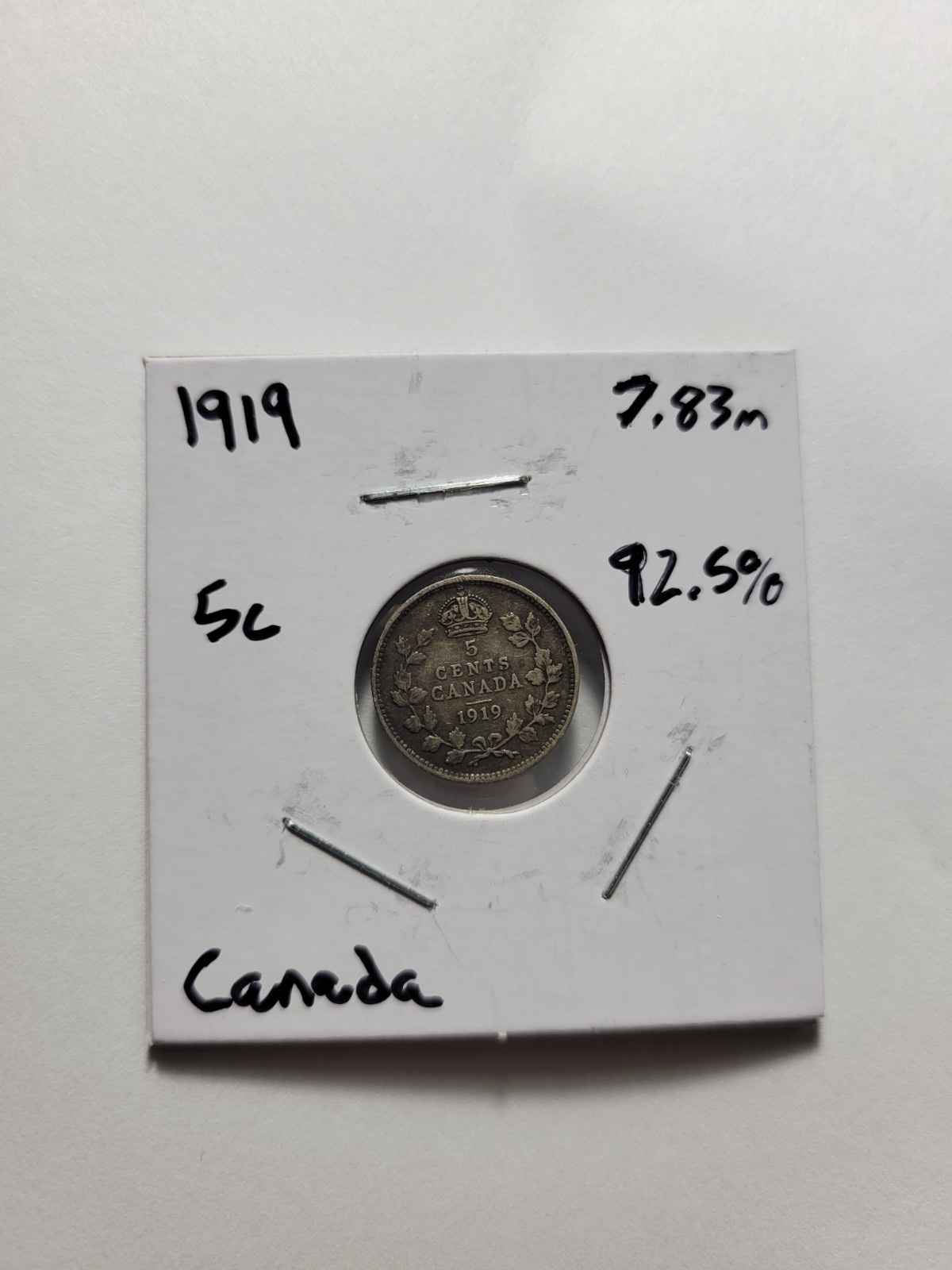 1919 Canada 5 Cents - 92.5% Silver - Foreign Coin - KM# 22