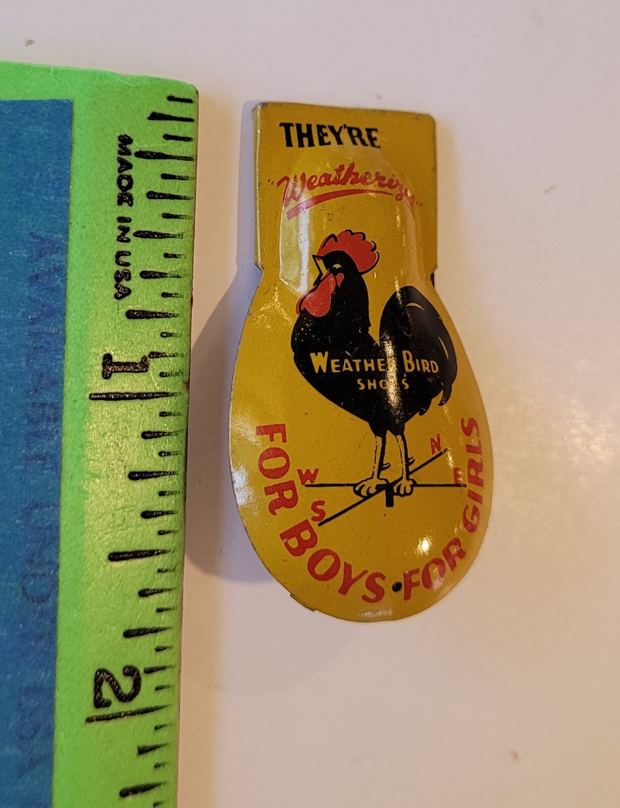 Vintge 1930s tin litho clicker Weather Bird Shoes premium Kirchhof NJ Rooster