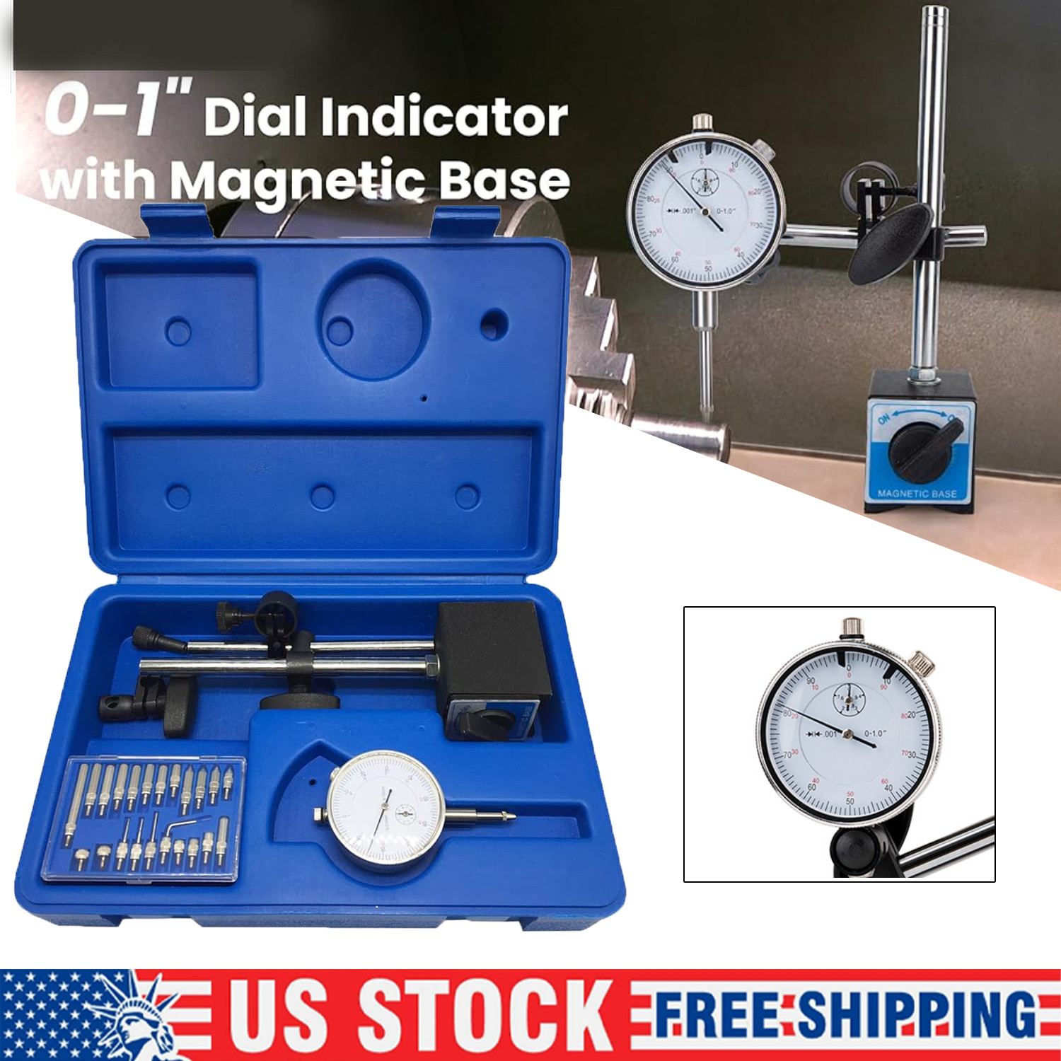 Dial Indicator with Magnetic Base 0.001"Precision Gauge Test Indicator Point Set