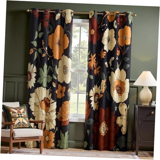 Lora Floral Curtains for Bedroom Blackout 50"W x 84"L (Pack of 2) Lora Black