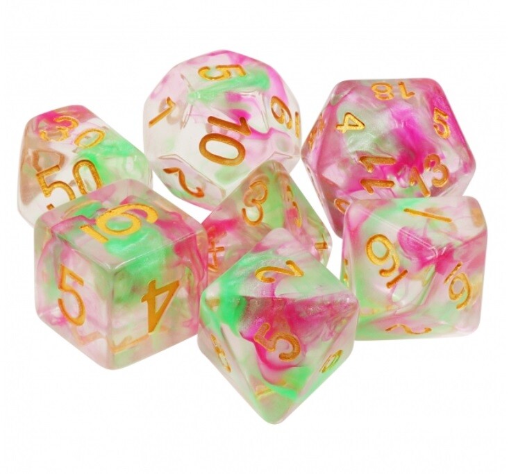 New 7 Piece Translucent Pink & Green Swirls Polyhedral Dice  – Pink Dice Bag
