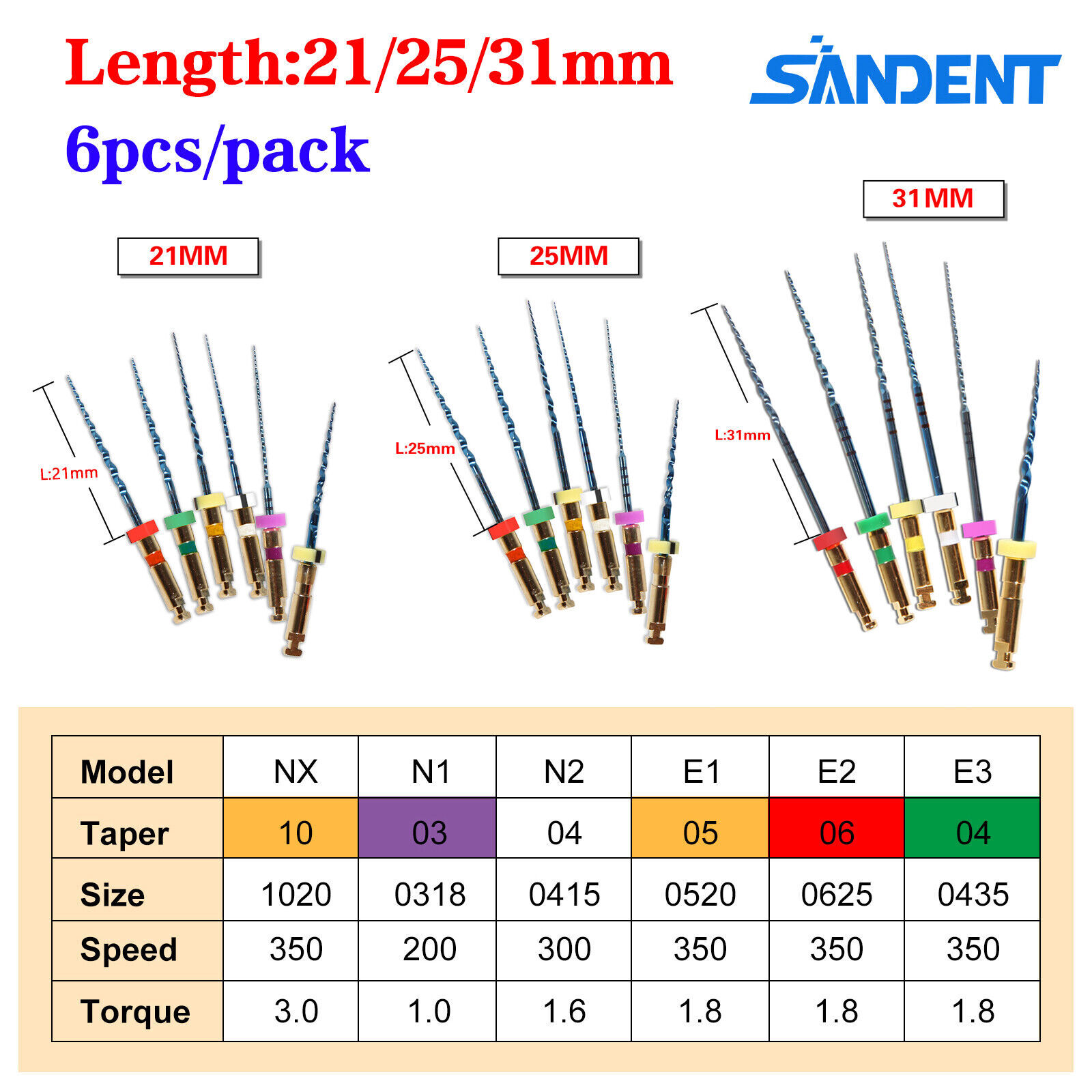 6 pcs Dental NiTi Super Files Rotary Tip Endodontic Endo Motor Root Canal File H