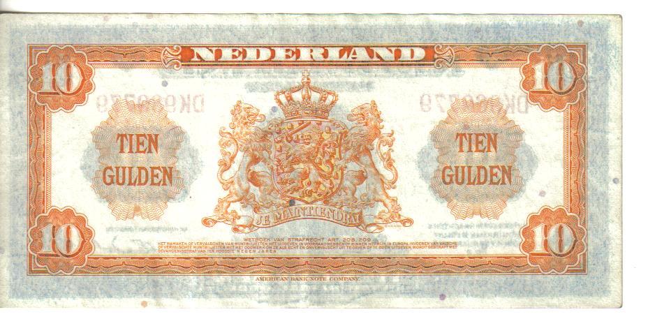 NETHERLANDS, 10 GULDEN, Queen @ ctr, 1943