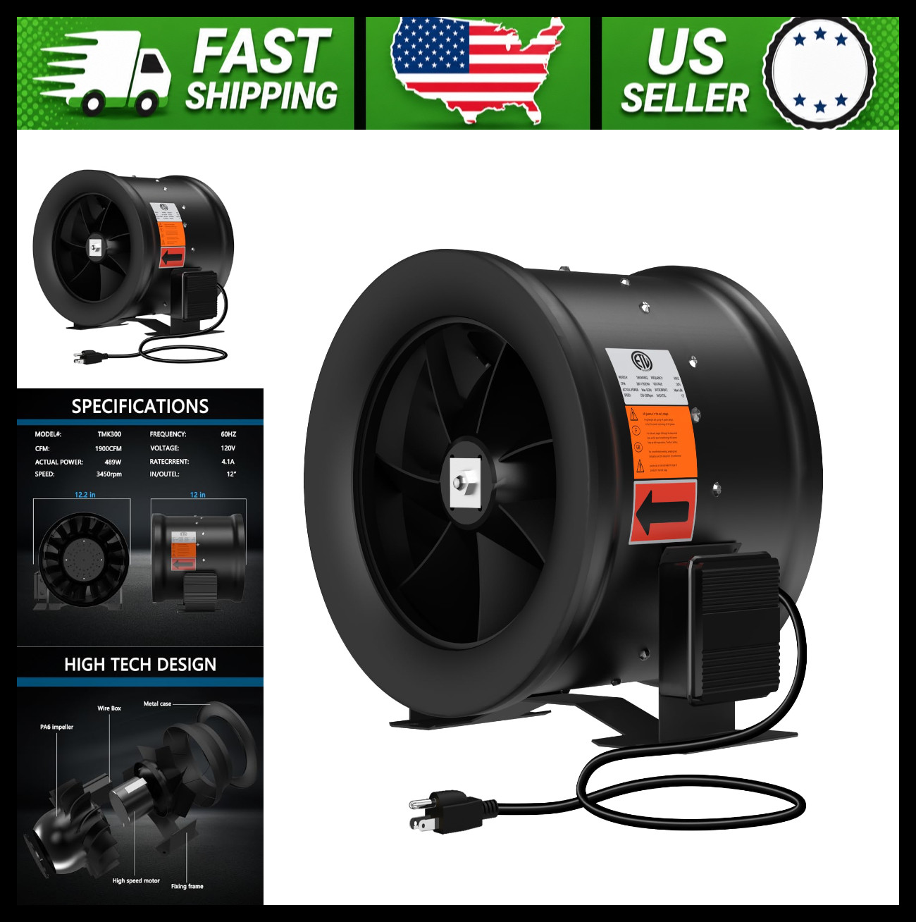 12 Inch Inline Duct Fan 1900 CFM Ventilation Exhaust Booster for Grow Tents