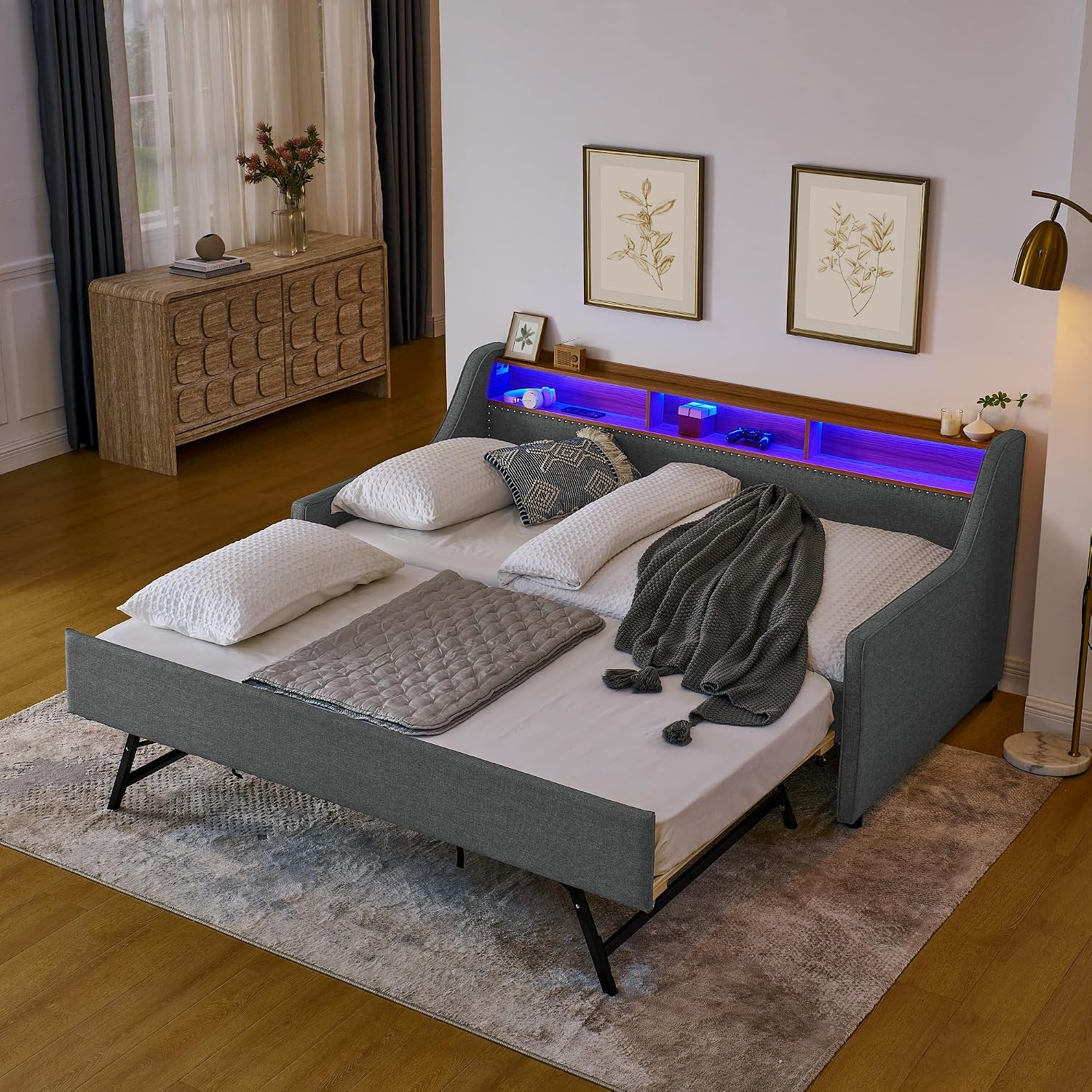 Twin Size Upholstery Daybed with Trundle, USB, Storage Adjustable Headboard, Twi
