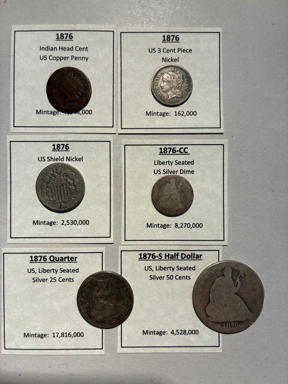 1876 US Centennial Year 6 Coin collection: 1 Cent, 3C, 5C, dime, quarter, half $