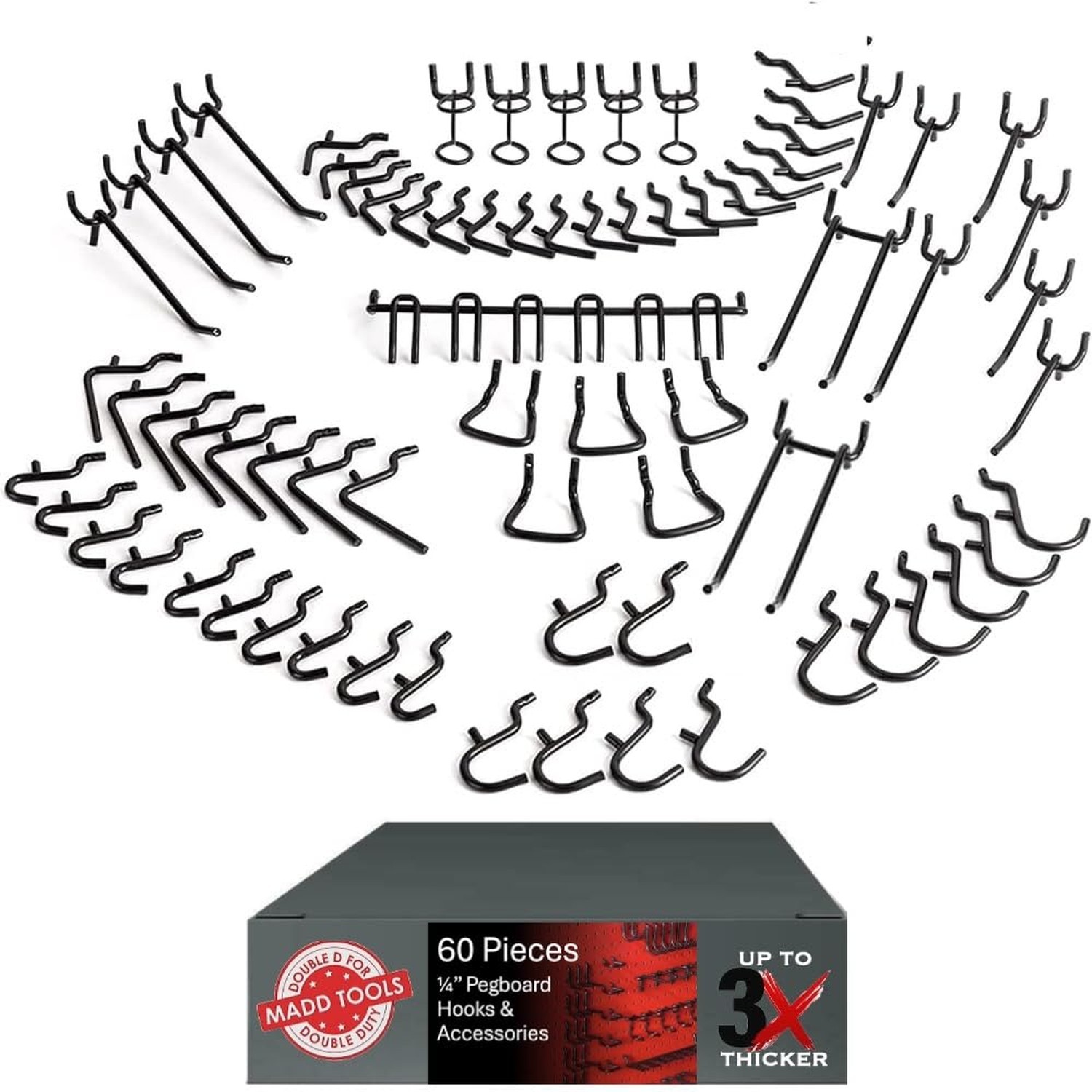 Black Stainless Steel Pegboard Hooks, Heavy Duty ¼” Set, 60 Pieces |