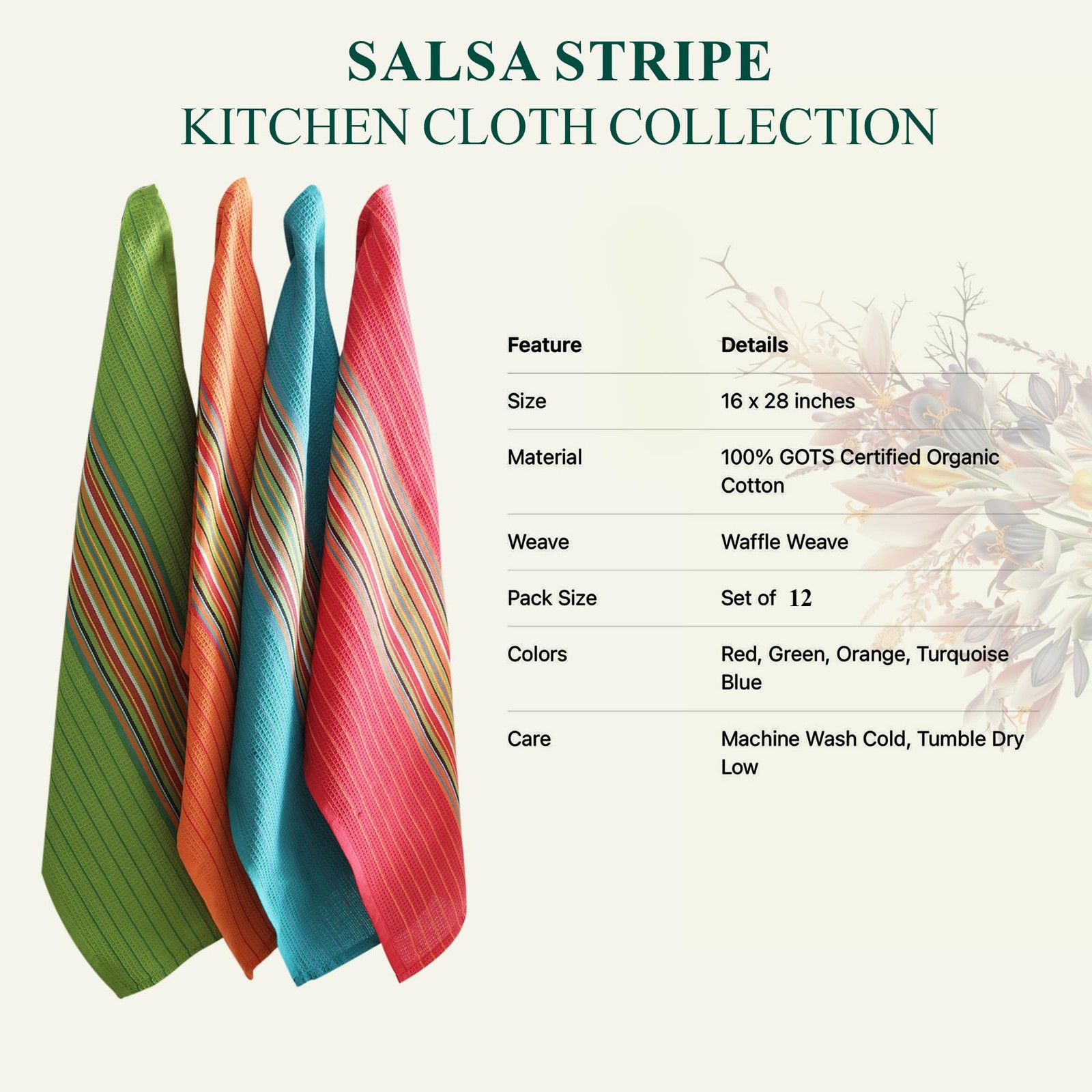 Salsa Stripe Kitchen Dish Towels, 100% Cotton, Highly Absorbent, Multi Purpos...