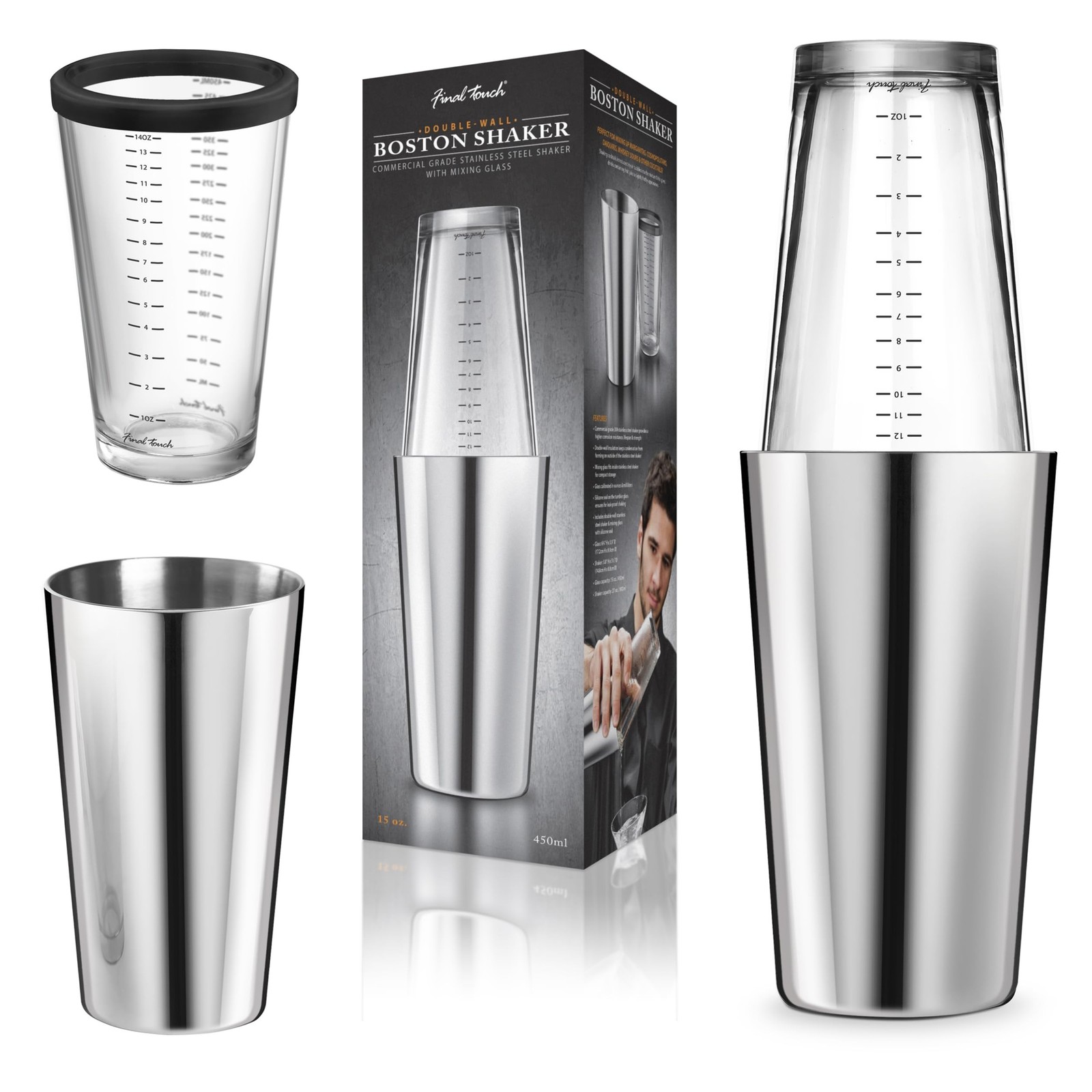 Final Touch Double-Wall Boston Shaker Set - Stainless Steel Mixing Glass with...