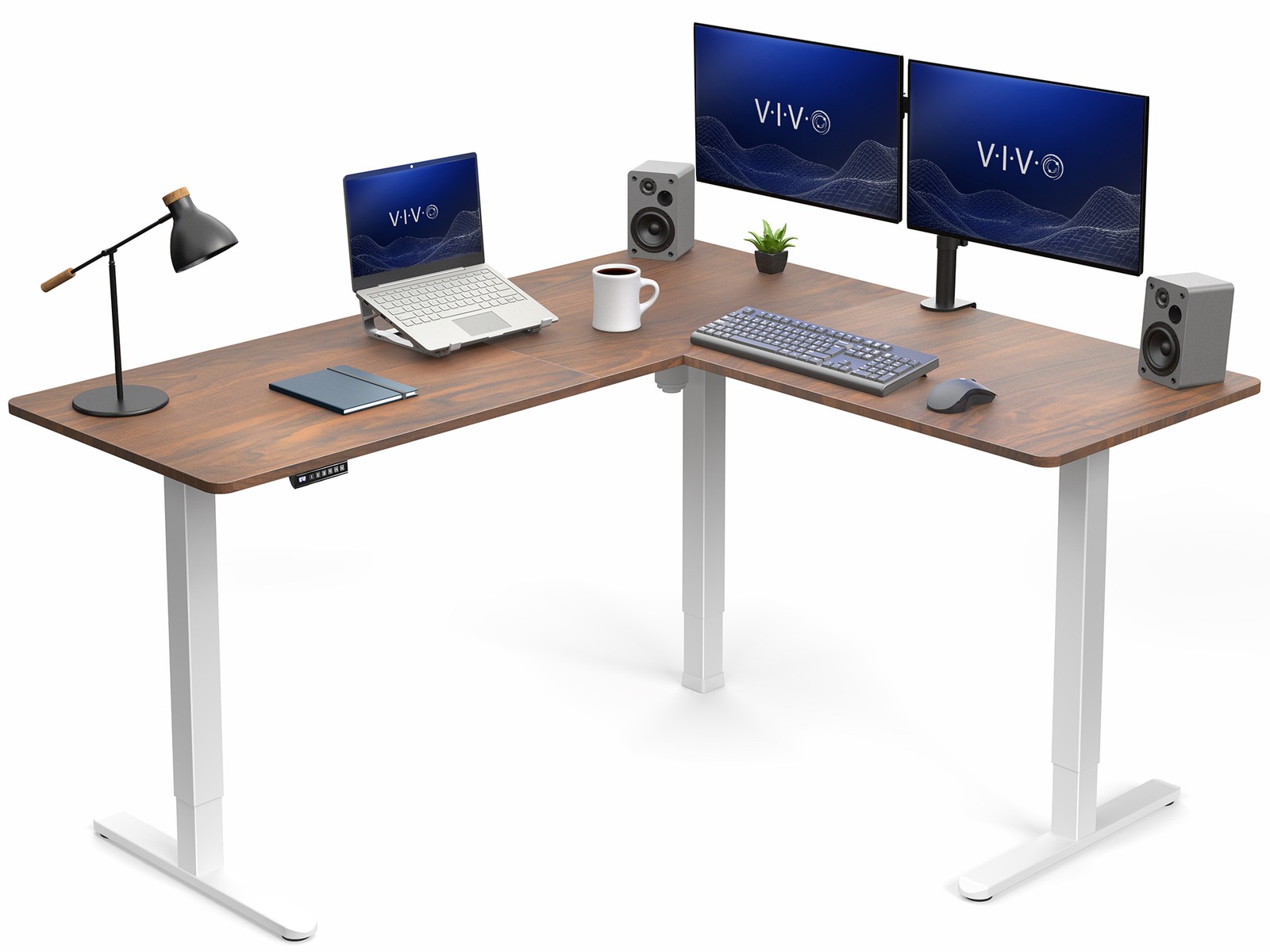 VIVO Electric 63" x 55" Corner Stand Up Desk, Dark Walnut Table Top, White Frame