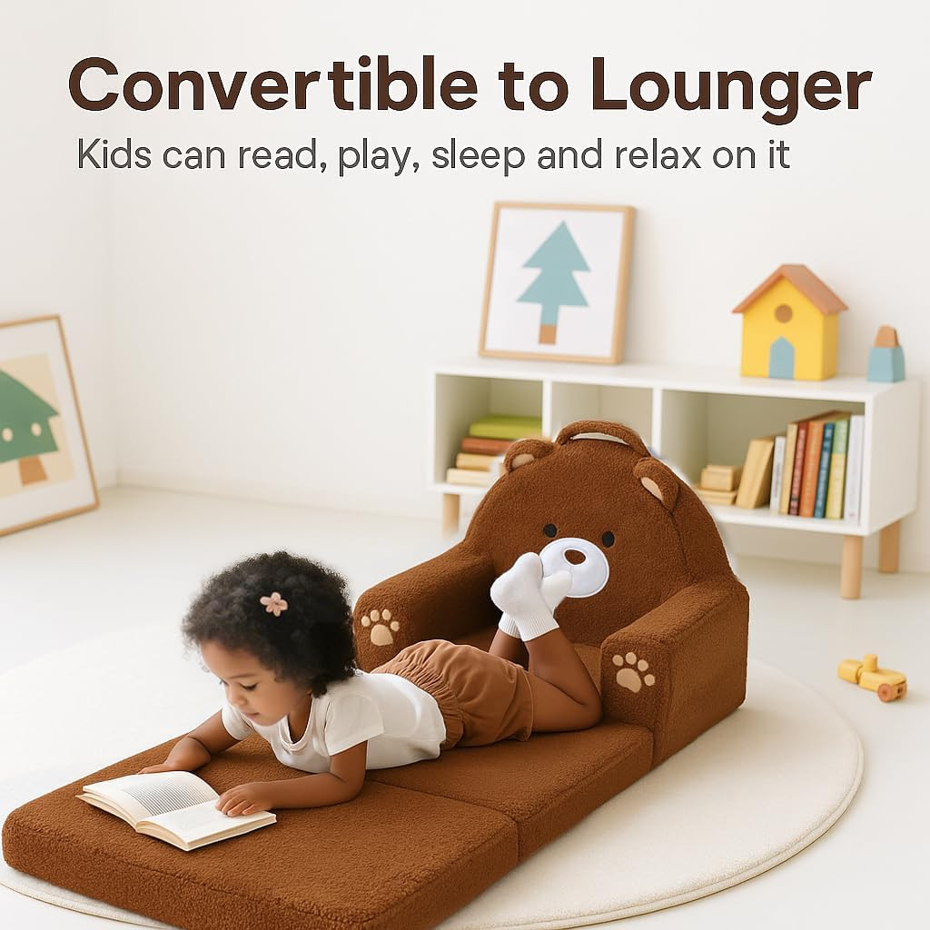 Cozy 2-in-1 Foldable Toddler Couch & Lounger, Soft Bear Design, Ages 1-3