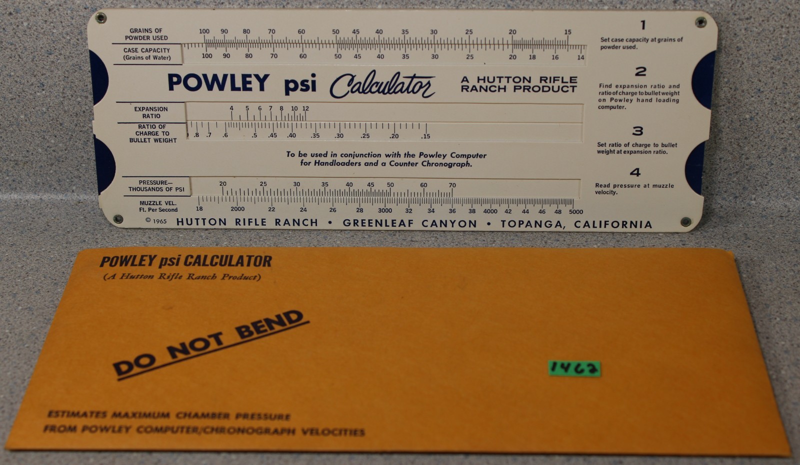 Hutton Rifle Ranch 1965 POWLEY PSI Chamber Pressure Calculator Slide Rule MINT