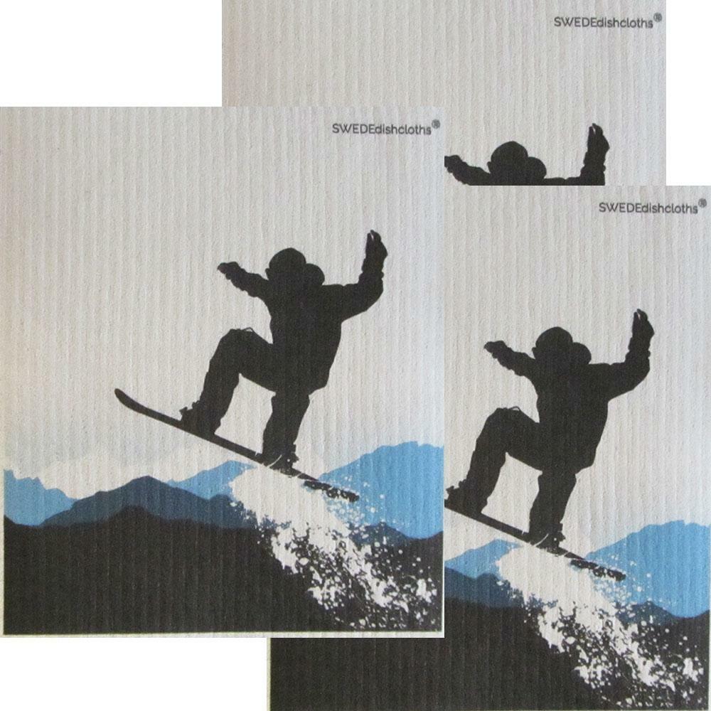 Snowboard Jumping Set of 3 each on white Swedish Dishcloths ECO Friendly Absorbe