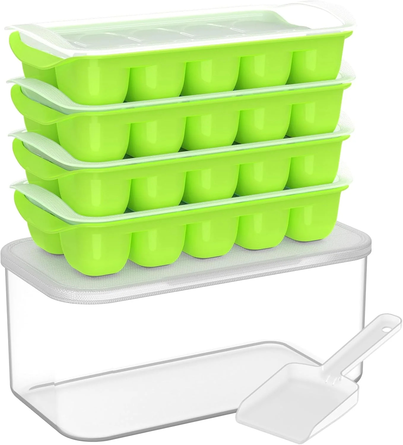 DOQAUS Ice Cube Tray with Lid and Bin - 4 Pack Ice Bucket Kits, Stackable Silico