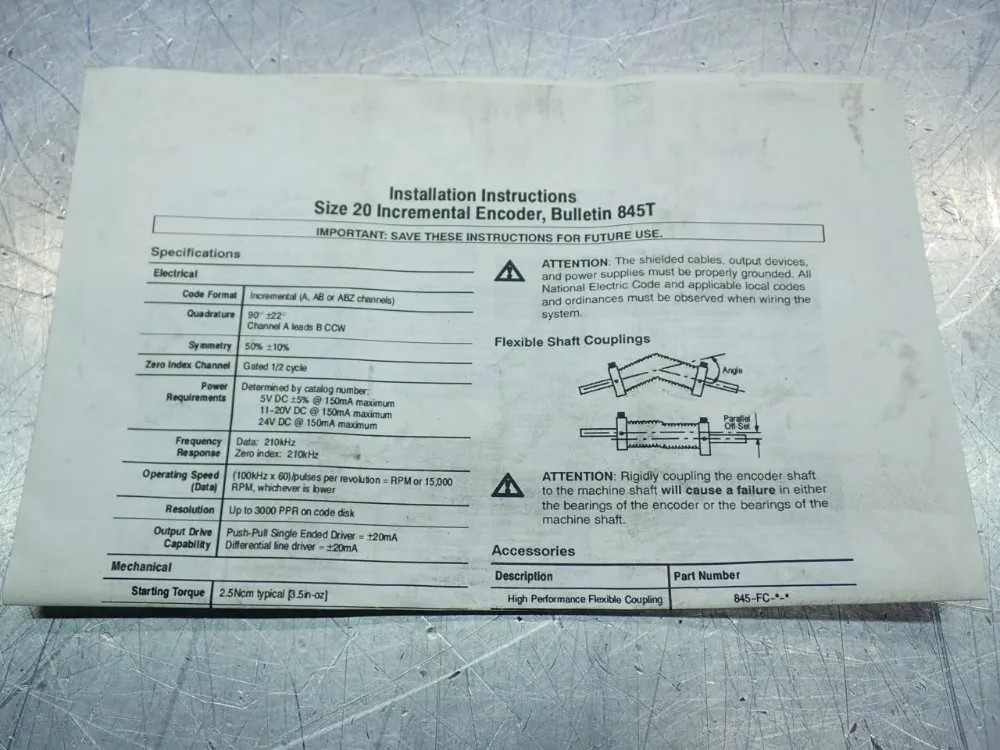 ALLEN BRADLEY 845T-DZ43PCN-5 OPTICAL INCREMENTAL ENCODER UNIT 05250080804
