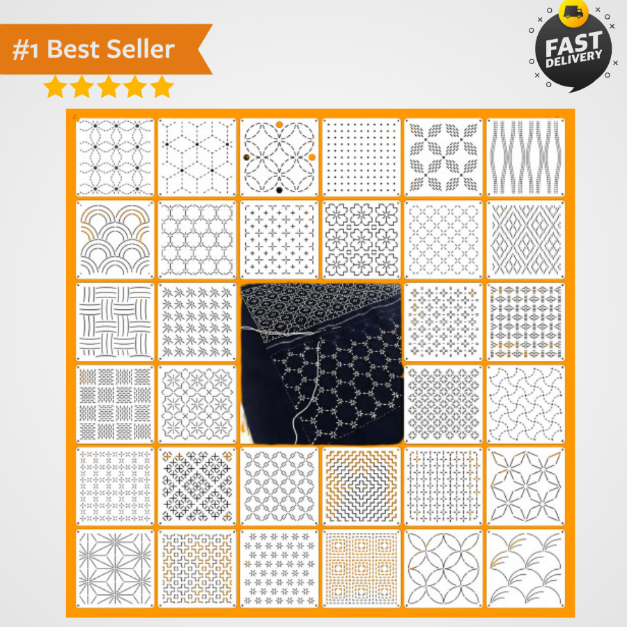 32 PCS Sashiko Stencil Kit - Geometric Embroidery Templates for Quilting