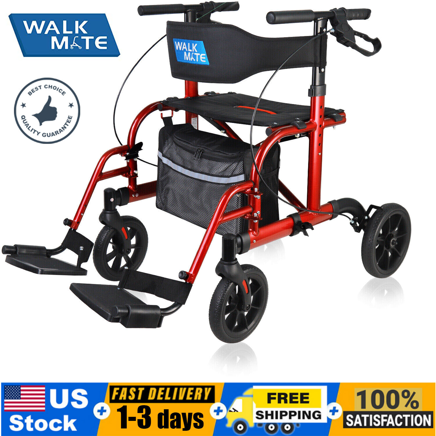 WALK MATE Medical 2 IN 1 Rollator Walker and Transport Wheelchair Chair, Red USA
