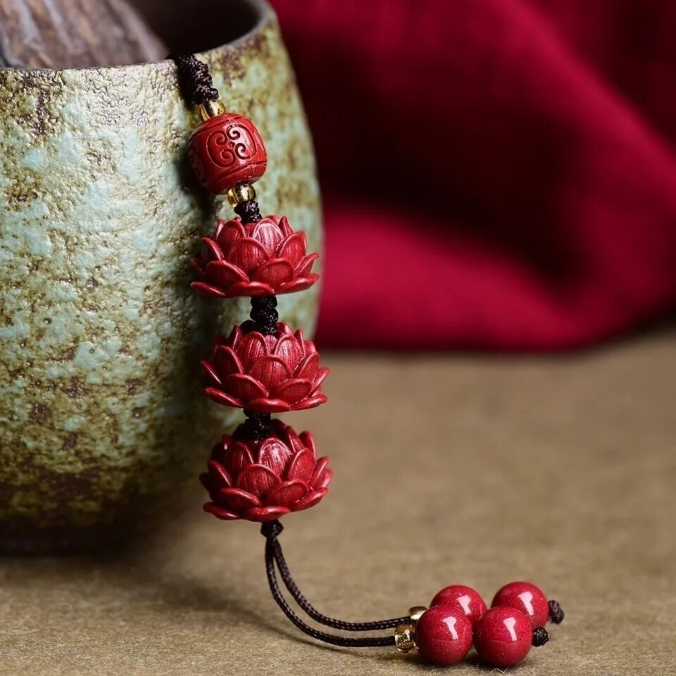 4.72" Chinese Natural Cinnabar Lotus Key Chain Organic Jewellery Carved Fashion