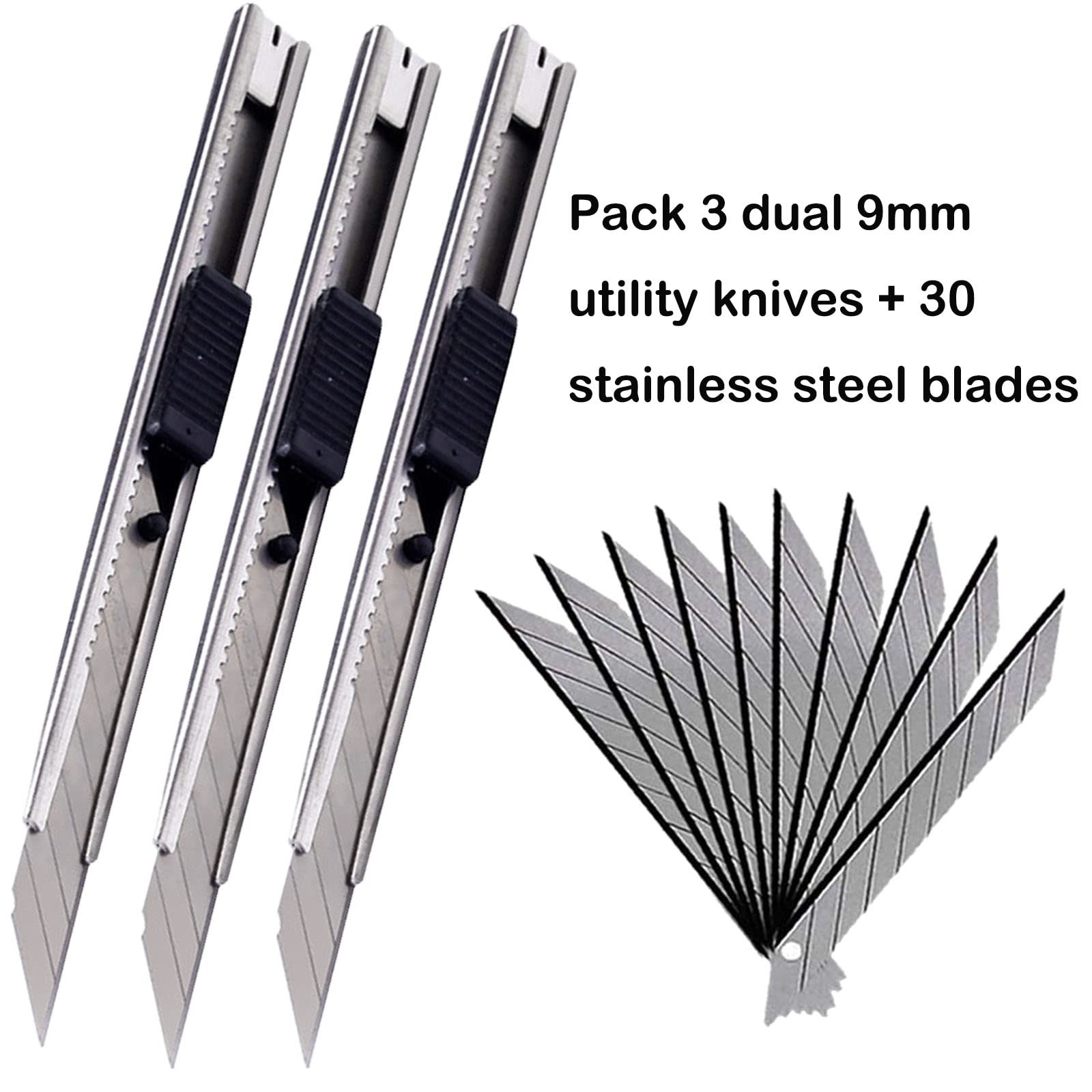 9Mm Snap off Utility Knife 3 Pack High Hardness Retractable Box Cutters with 30