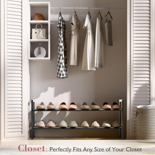 2 Tier Expandable Shoe Rack for Closet, 18“-33” Adjustable Shoe 2-Tier Black