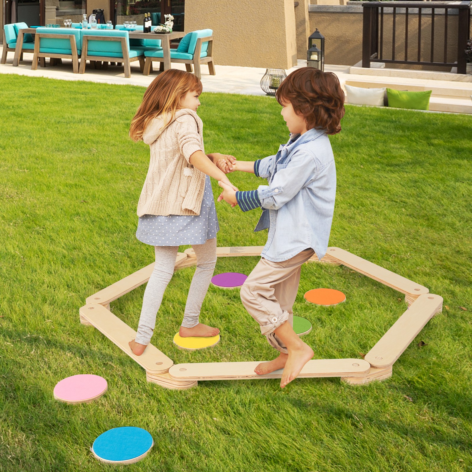 Kids Balance Beam & Stepping Stones Wooden Montessori Toy Gym Obstacle Course