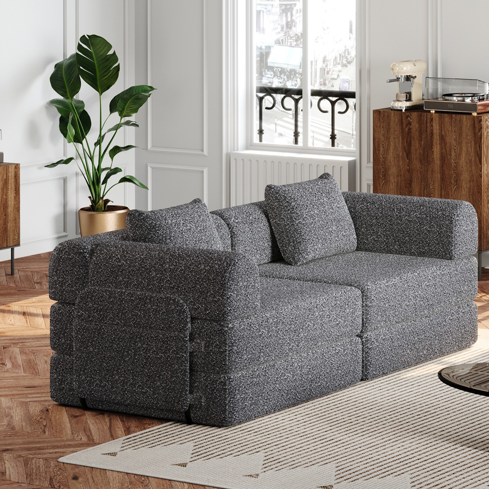 72in foldable Chenier sofa, equipped two side storage bags and two cushions Grey