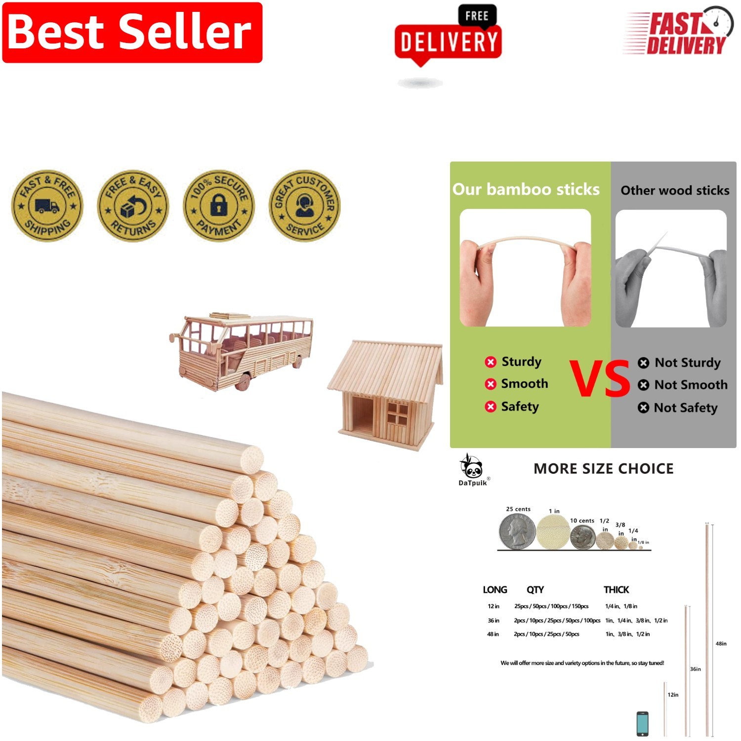Versatile 25PCS Bamboo Dowel Rods 1/4 x 12 Inch - Ideal for DIY and Home Decor