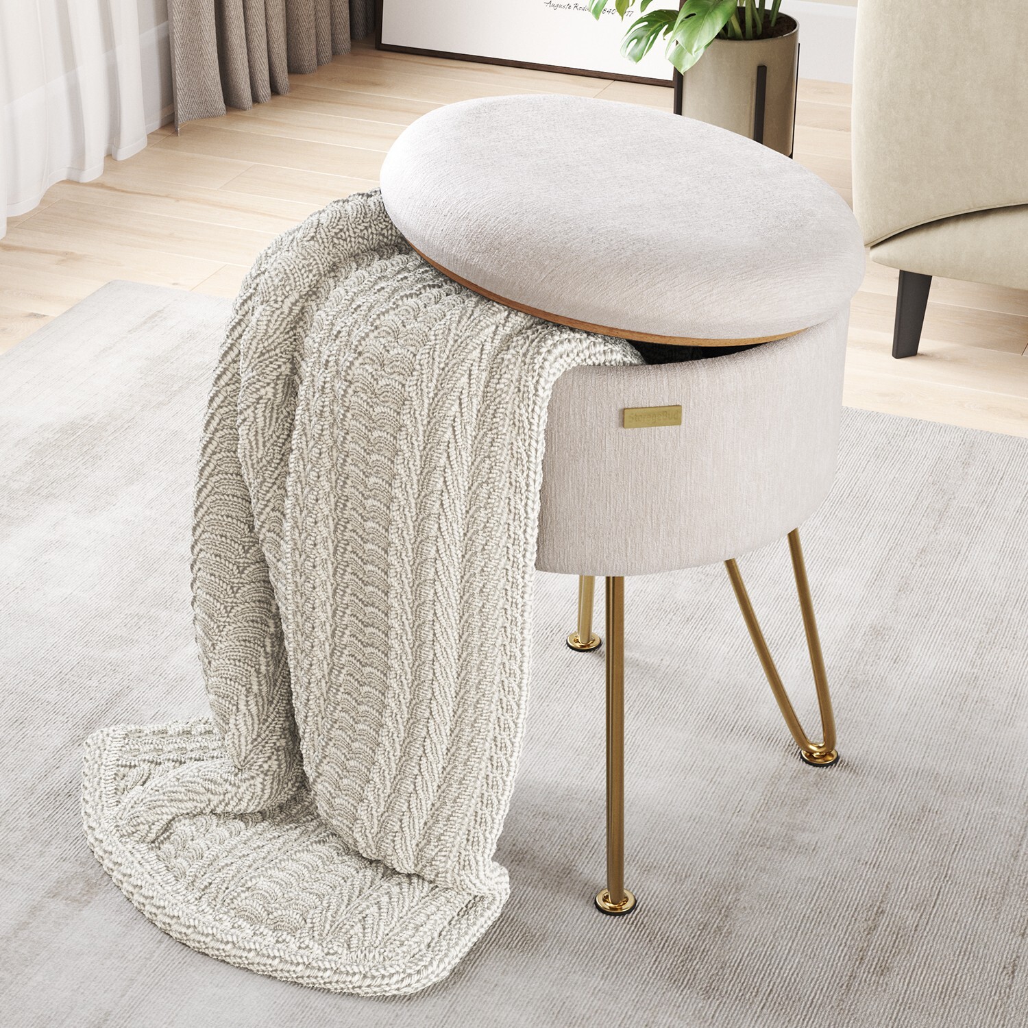 StorageBud Textured Velvet Storage Ottoman, Round Ottoman w/ Storage for Vanity