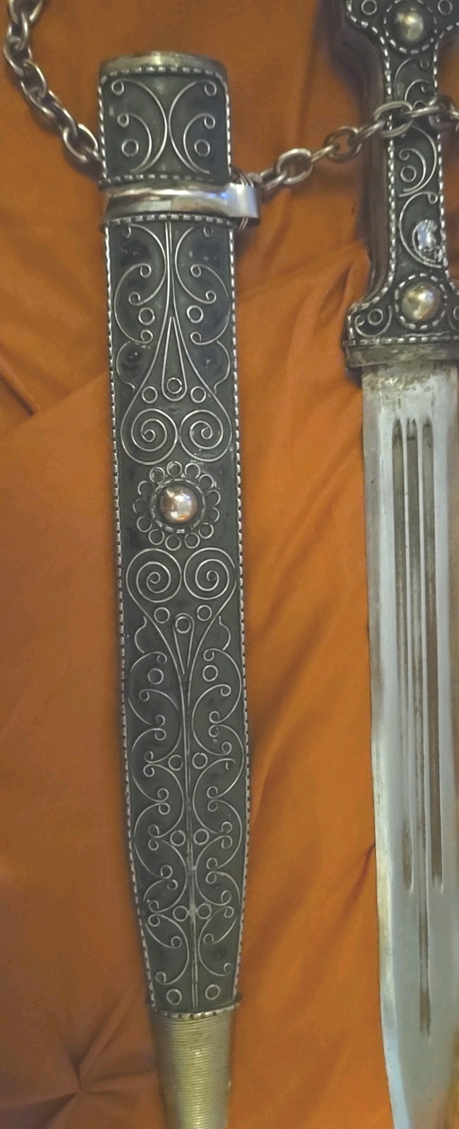 Vintage original Caucasian silver dagger or kindjal widely used by Cossacks