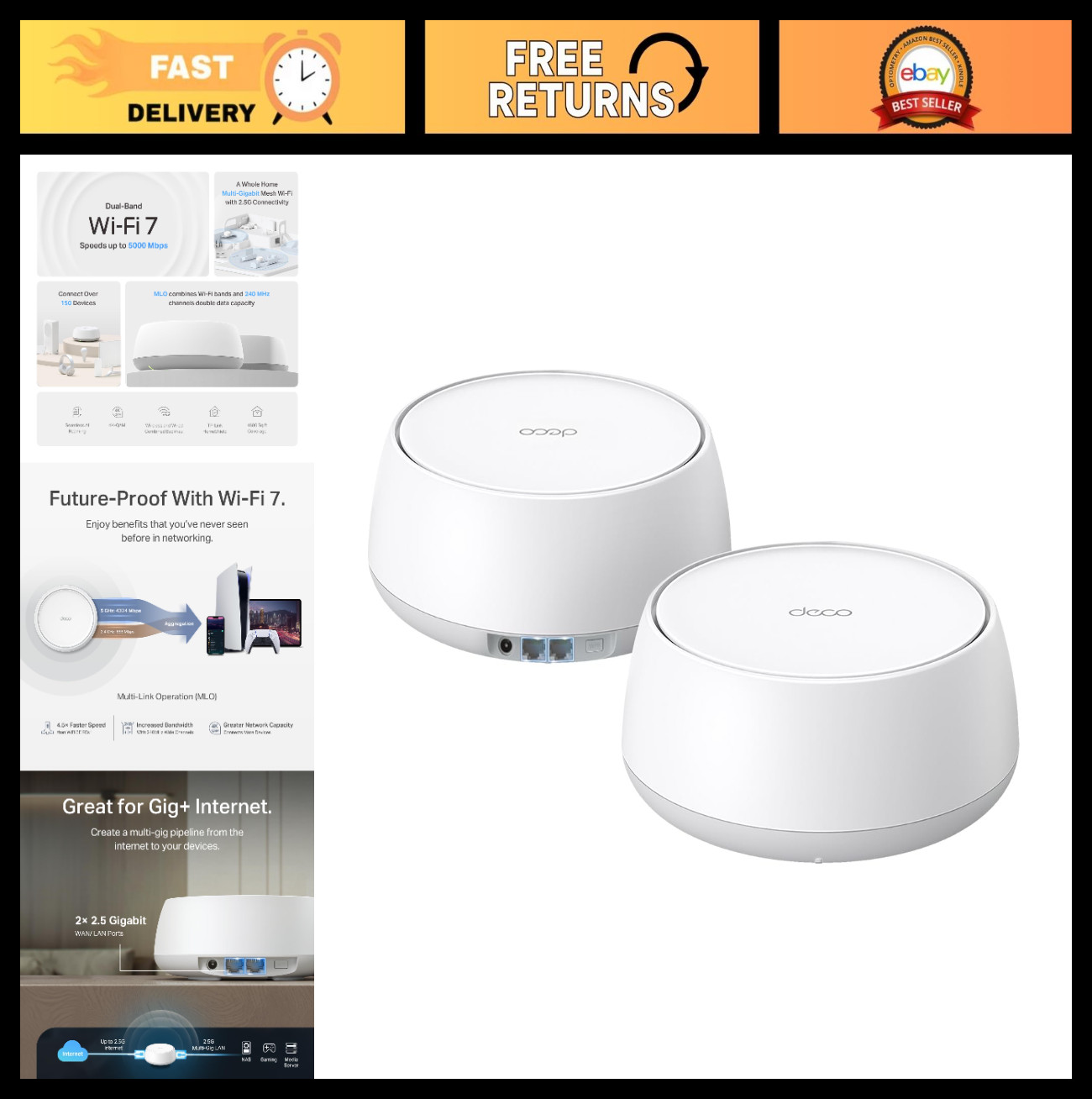 Dual-Band WiFi 7 Mesh System | 4-Stream 5 Gbps | Covers 4,600 Sq.Ft | 2-Pack