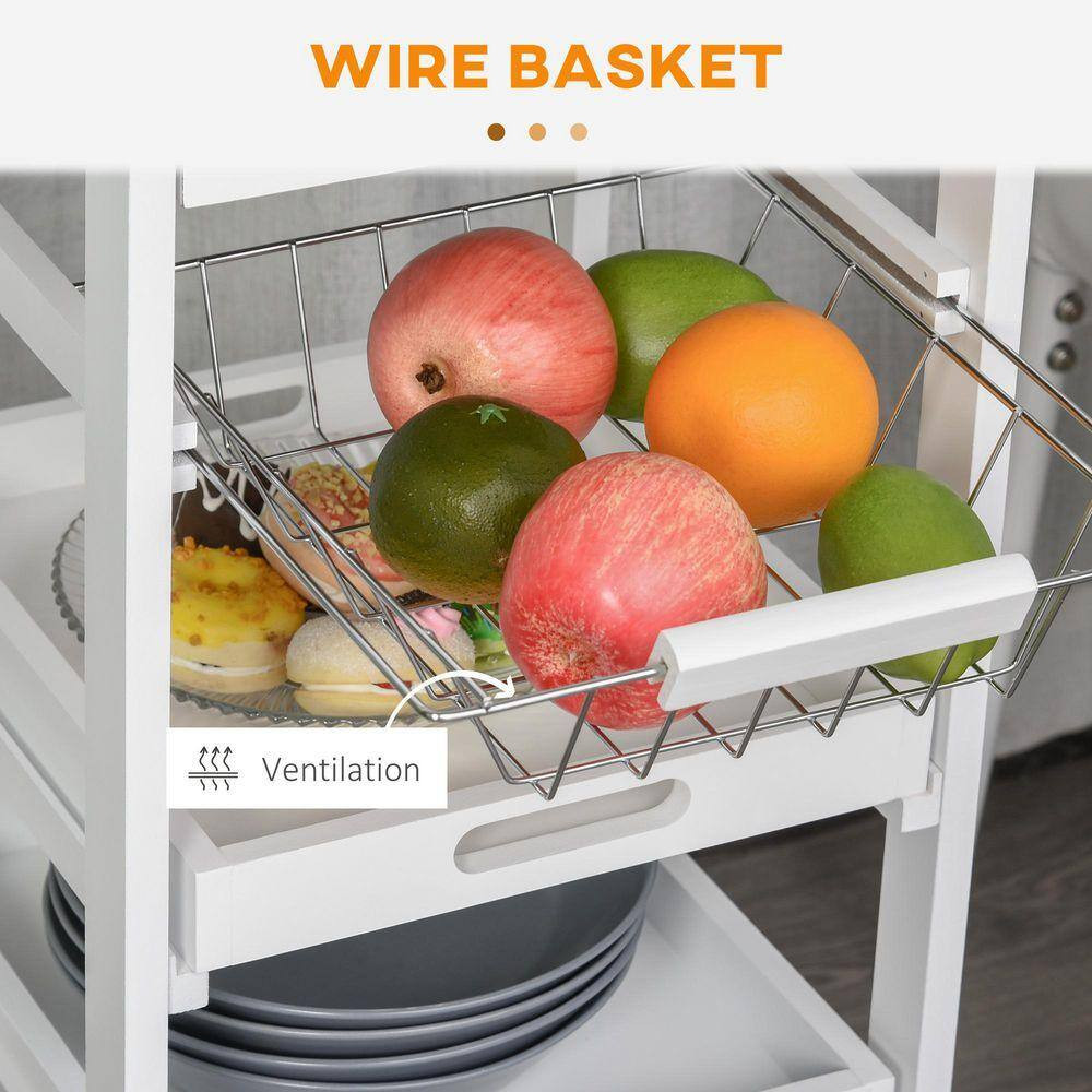 5-Tier Solid Wood 4-Wheeled Mobile Kitchen Cart with Storage, Wire Fruit Baskets