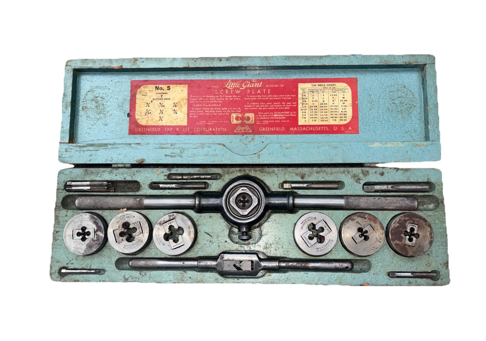 Greenfield No. 5 Little Giant Adjustable Die & Tap Set Orignal Case 1/4”-1” Vtg