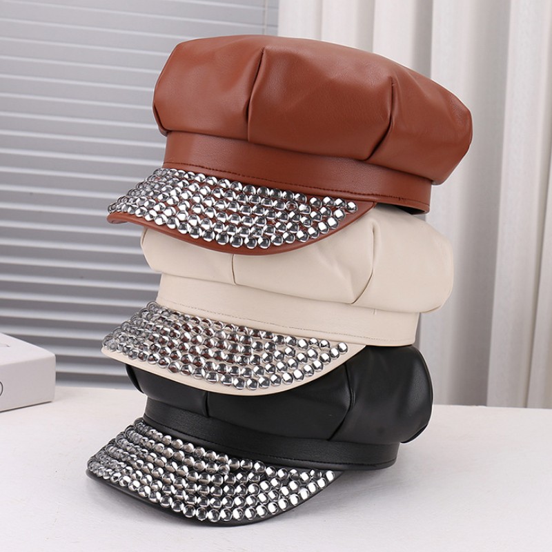 Women ‌Rhinestone Brim Leather Flat Cap Vintage Beret Hat for Outdoor Travel