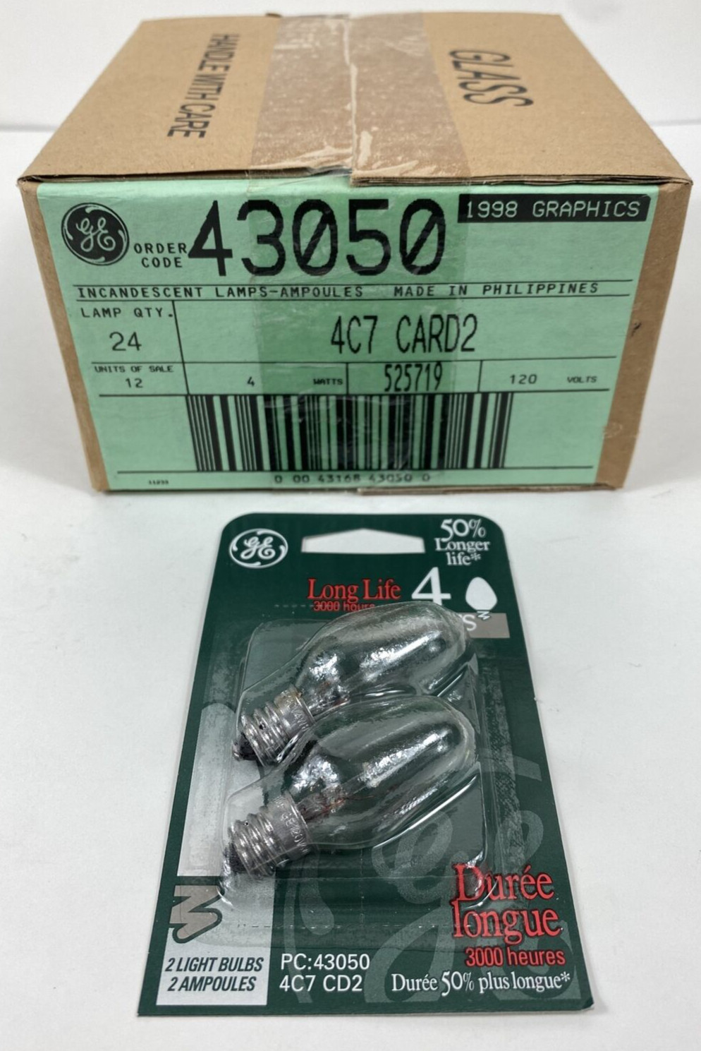 GE Long Life 3,000 Hours 4 Watt 4C7/W CD2 Night Light Bulbs Case of 12 Packs New