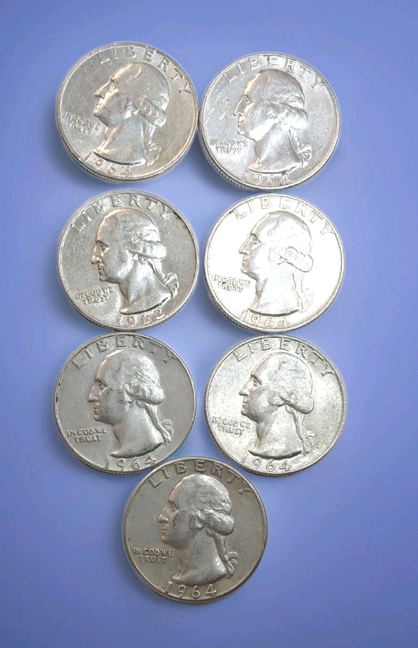 Lot of 7 Washington Silver Quarters 25C 1964-P & D Business Strike