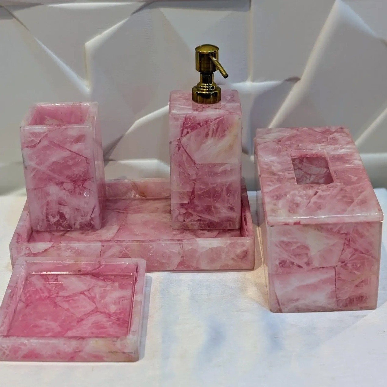 Set of 5 pieces Bathroom Accessories Natural Pink Rose Quartz Gemstone Art Decor