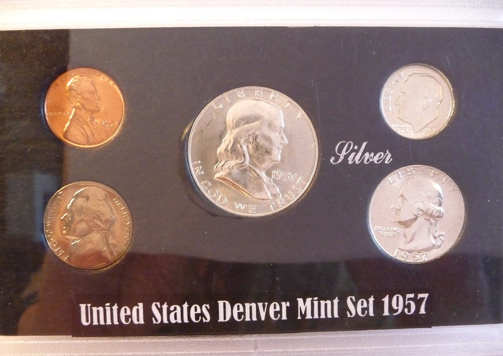 1957 D Denver BU Uncirculated 5 coin mint set 3 silver coins