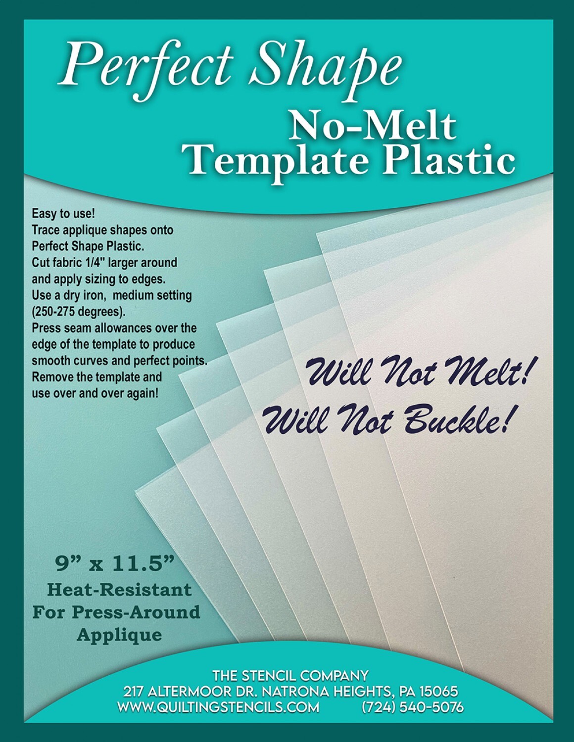 Perfect Shape No Melt Plastic Template Sheet 4 ct 9" x 11.5" Applique Quilting