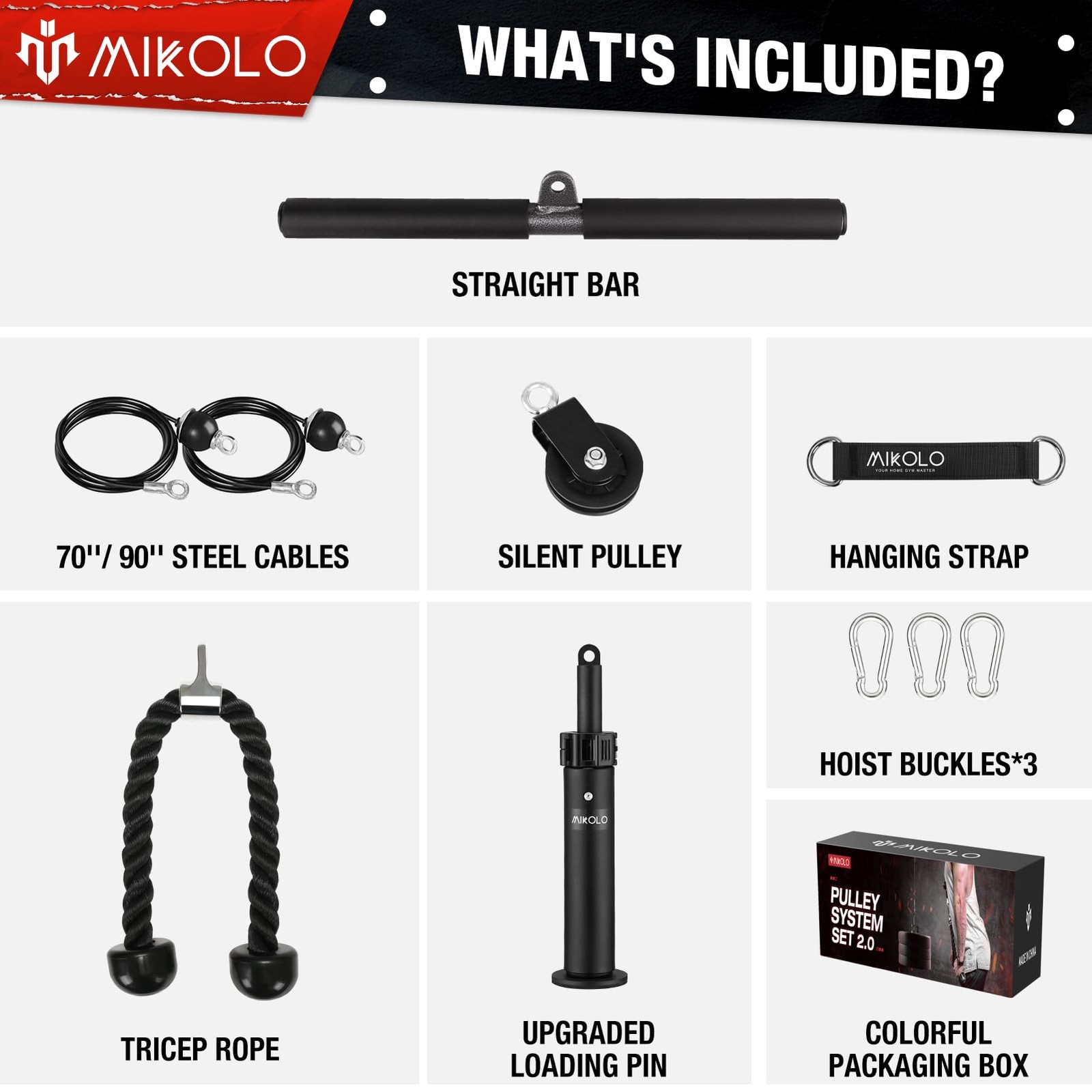 Mikolo Fitness LAT and Lift Pulley System, Dual Cable Large, Black