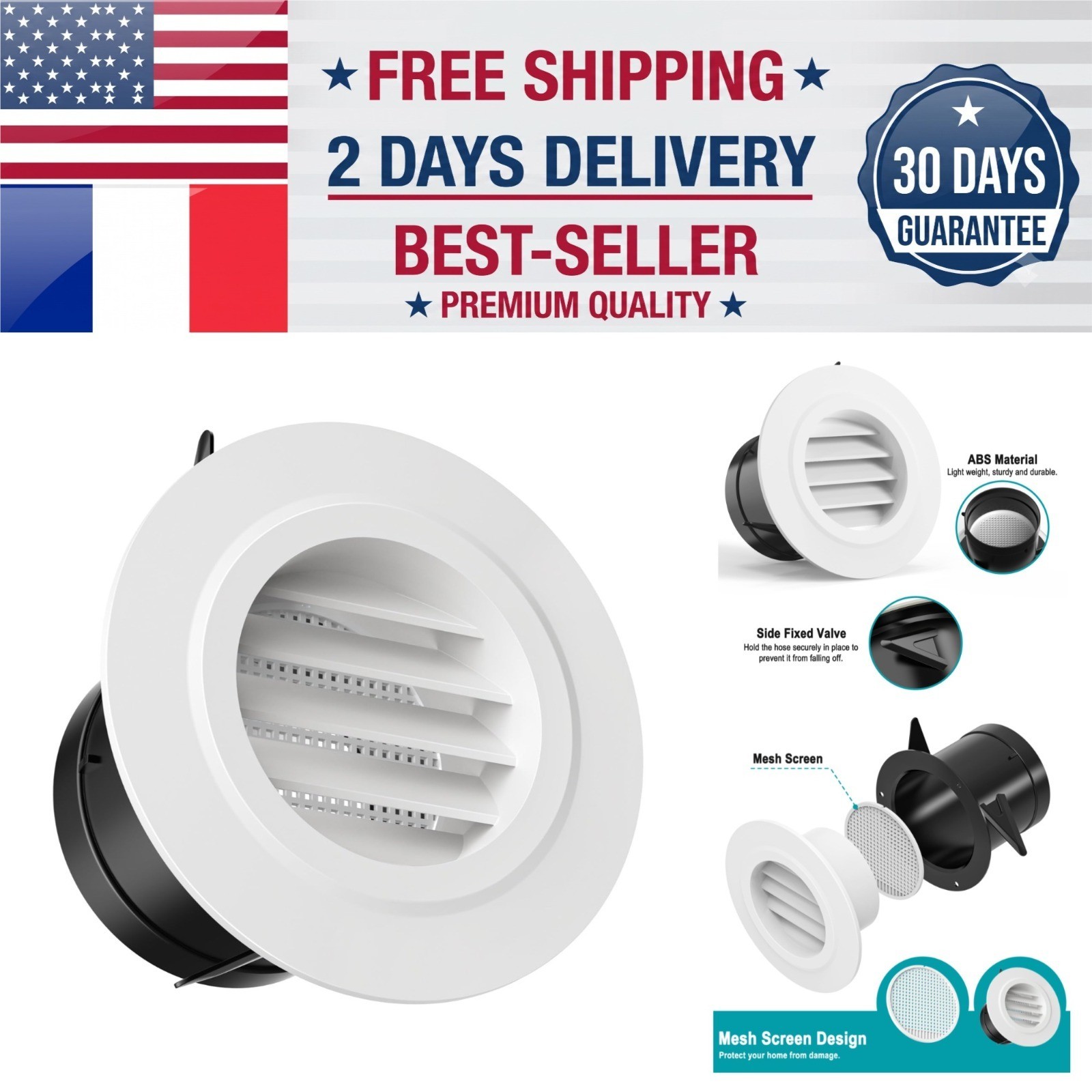 HG Power 3 Inch Round Air Vent - ABS Louver Grille Cover, White