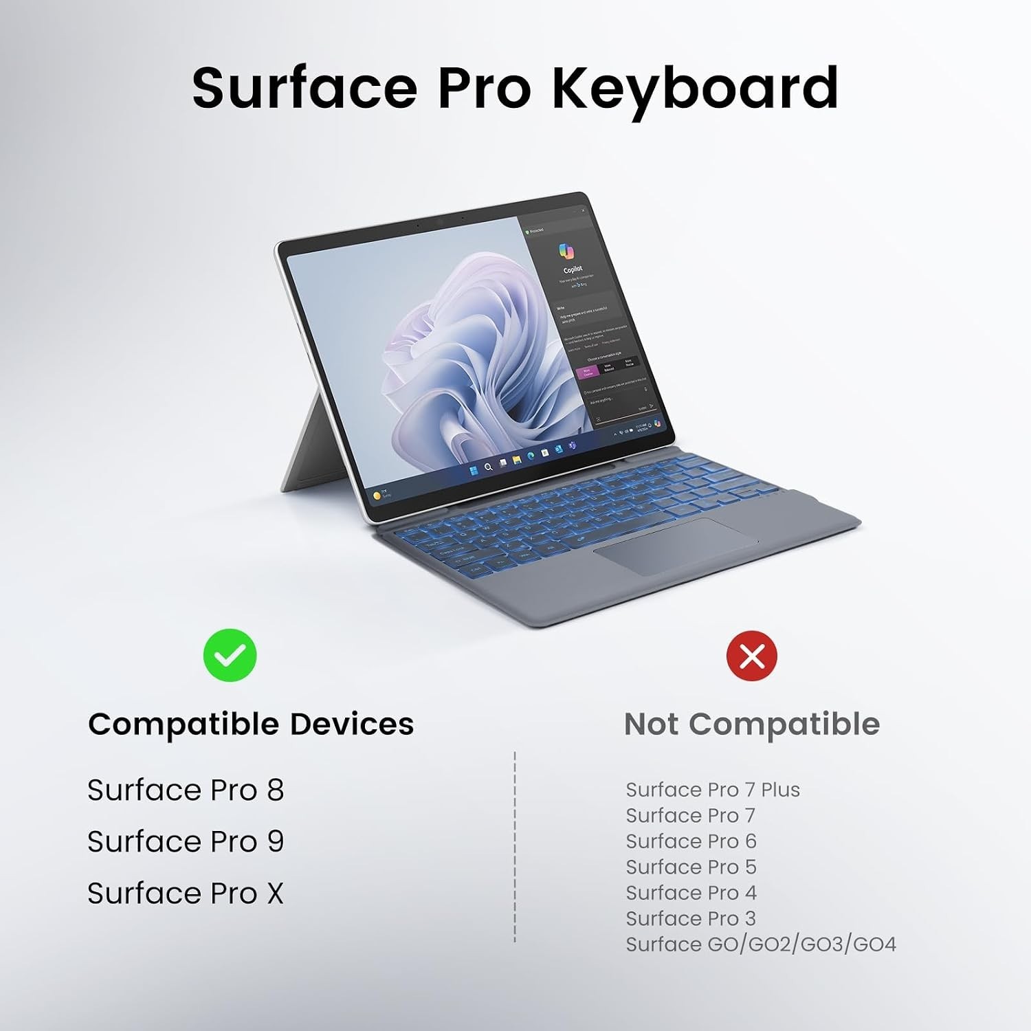 Surface Pro 8 Keyboard, 7 Color Backlight Wireless Keyboard for Microsoft Surfac