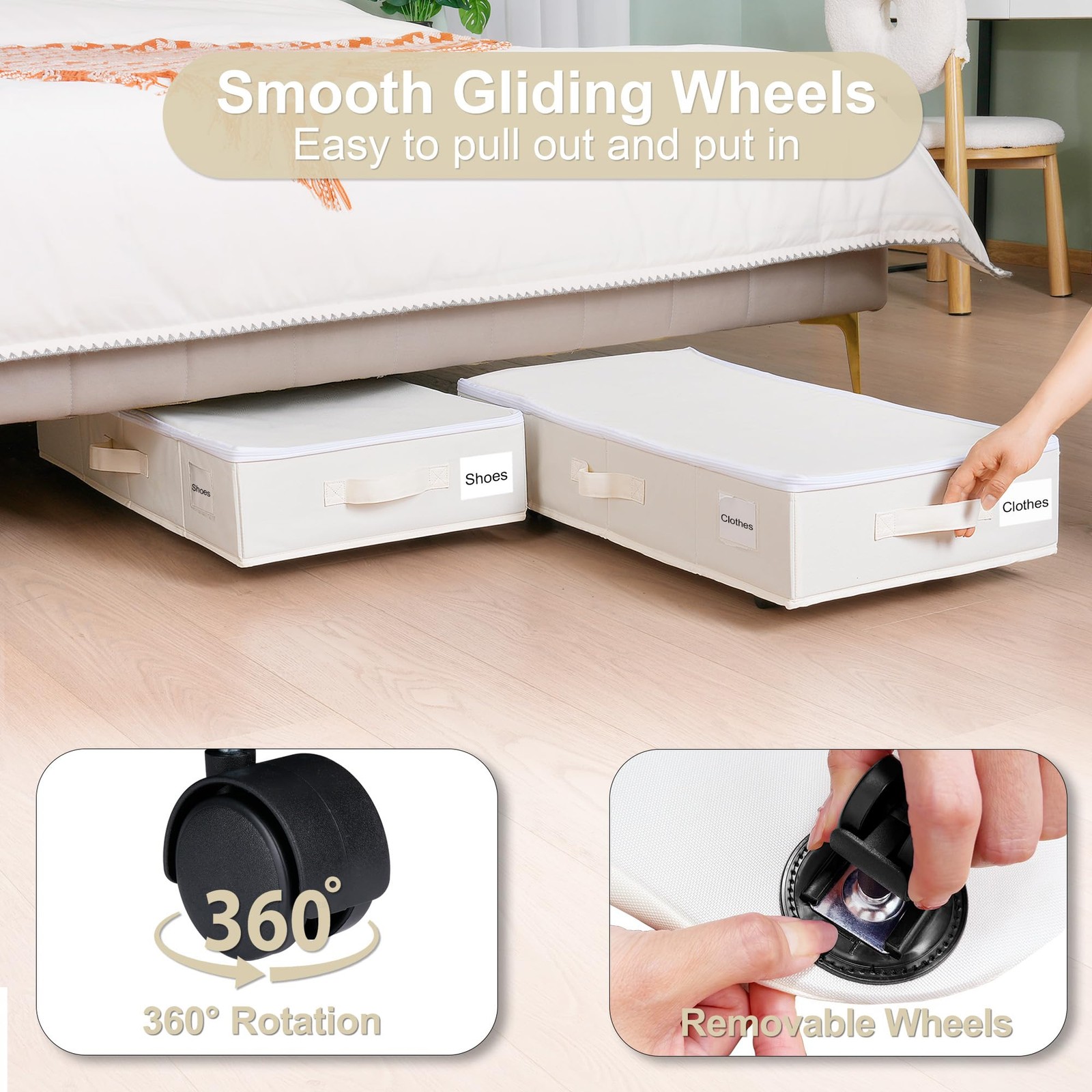 Underbed Organizer With Wheels, 2 Pack Storage Bins For Blankets, Beige