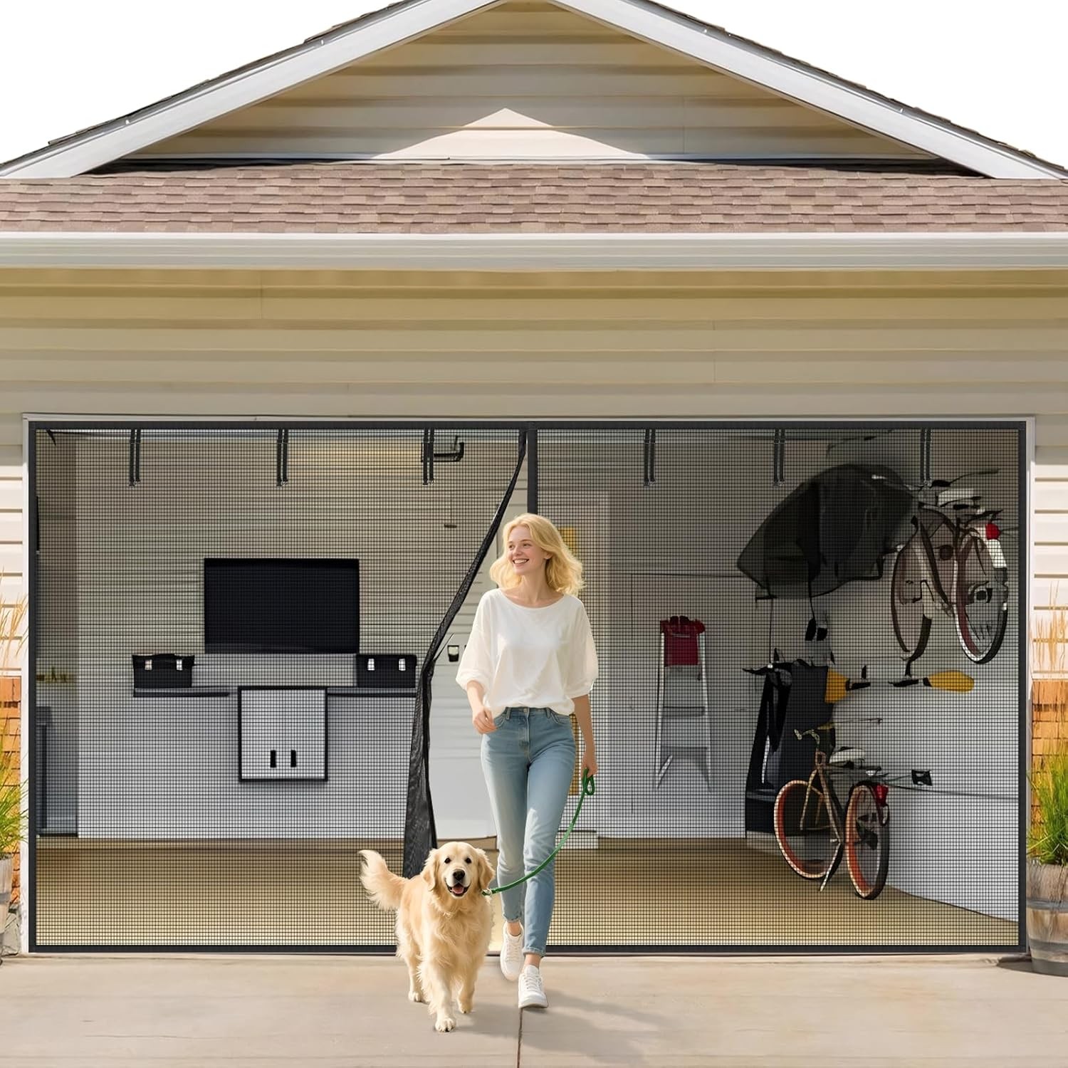 Heavy-Duty Magnetic 16x7 ft Garage Door Screen, Dual Car Access, Fiberglass Mesh