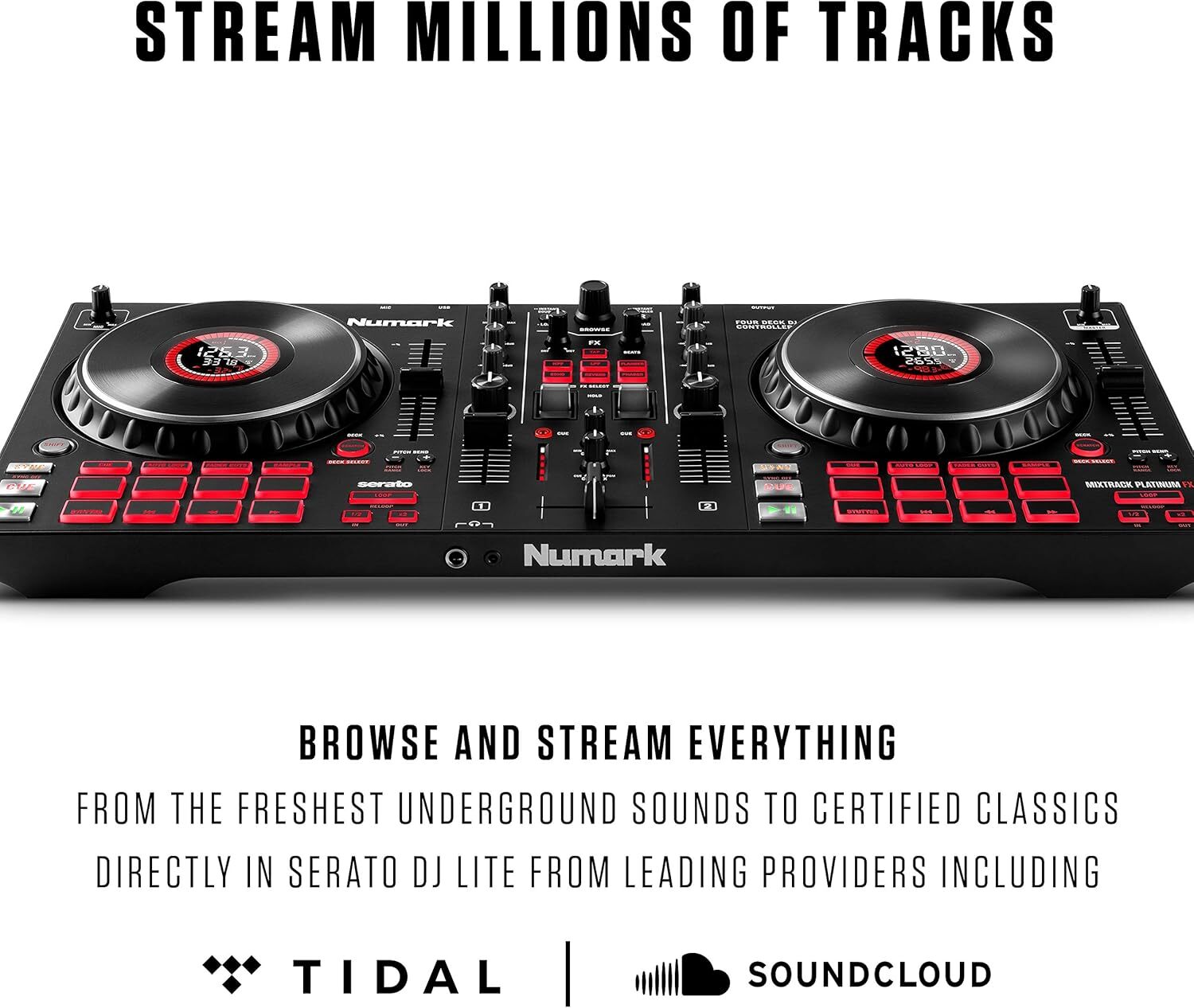 Numark Mixtrack Platinum FX DJ Controller Serato DJ w/4 Deck DJ Mixer & Jog