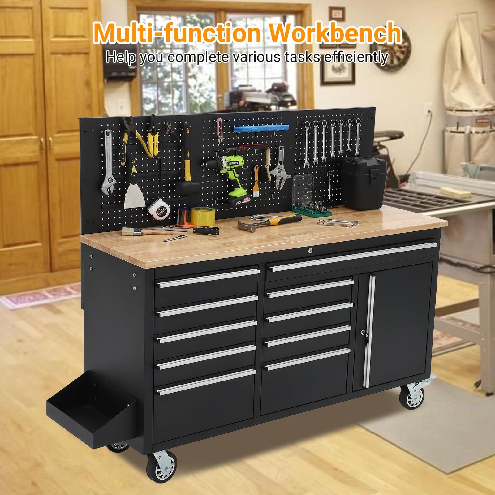 Rolling Tool Chest 61", 10 Drawers, Power Outlet, Solid Rubber Wood Top