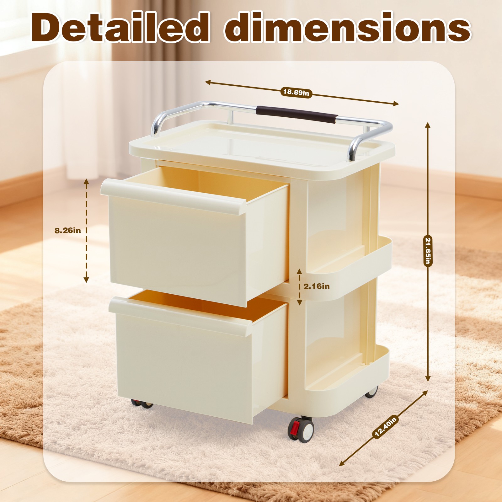 Narrow Rolling Utility Cart with Drawers 2-Tier Open Shelves, Lockable Casters