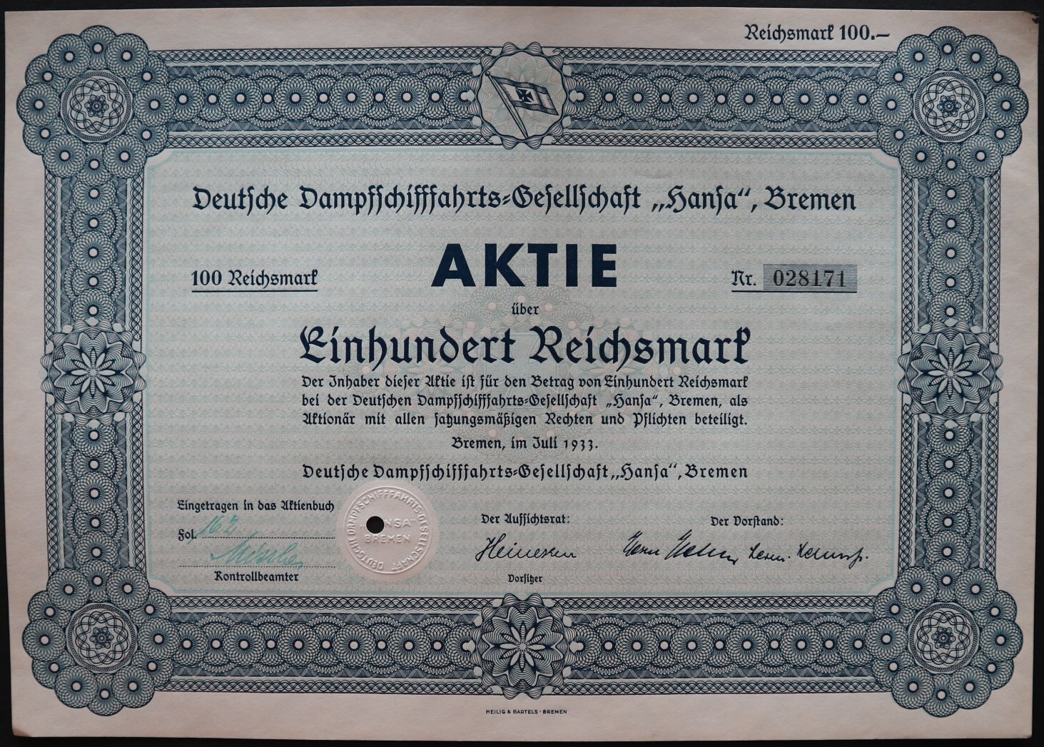 100 Reichsmark 1933 - Series: 028171 - Germany Loan Bond -  "Y35
