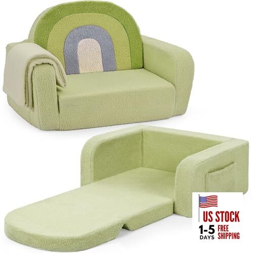 Kids Couch, 2-in-1 Soft Toddler Couch Fold Out with Medium Green Rainbow