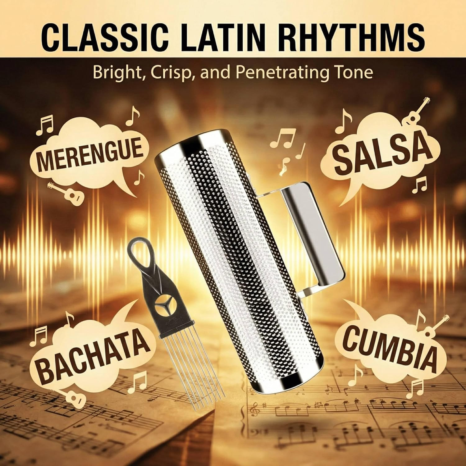 Professional Metal Guiro Instrument, 8" X 3" Stainless Steel Latin Percussion wi